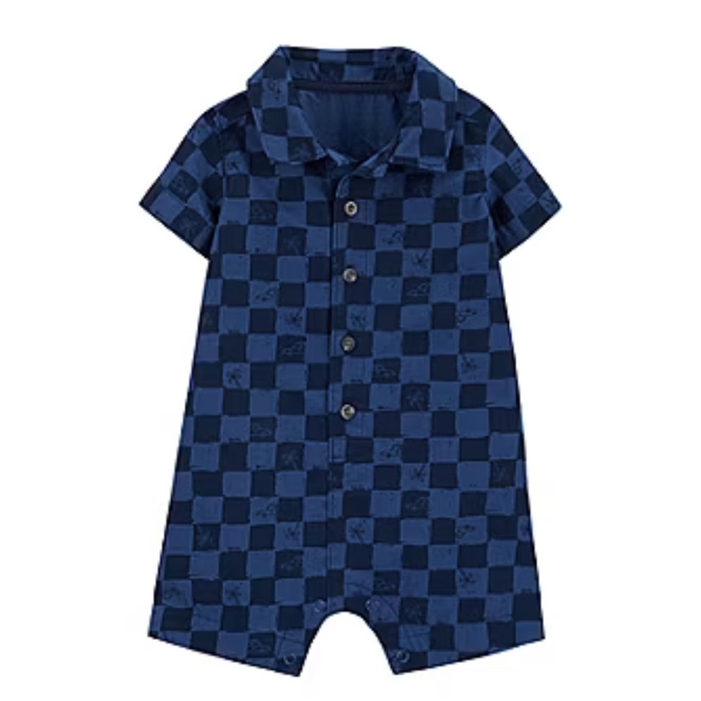 NWT Carters Baby Boy Short Sleeve Blue Romper Palm Car Print Checkered Size 24M